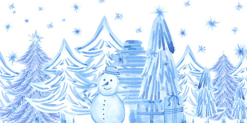 Hand drawn watercolor blue monochrome winter snowy forest and snowman seamless border. Illustration isolated on white background. Can be used for postcard textile label and other printed products.