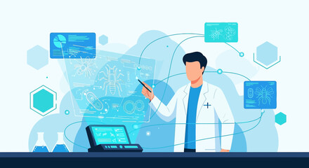 Scientist analyzing digital data for scientific research and development purposes in laboratory