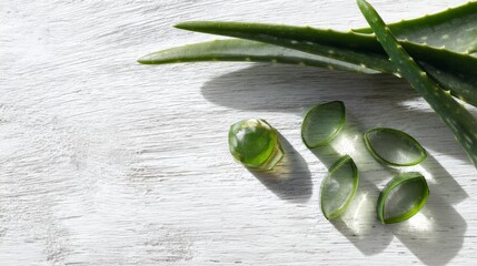 Fresh aloe vera leaves and sliced gel pieces on bright wooden surface for natural skincare and herbal treatment
