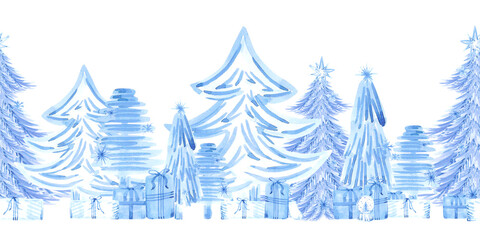 Hand drawn watercolor blue monochrome winter forest trees and presents seamless border. Illustration isolated on white background. Can be used for postcard textile label and other printed products.