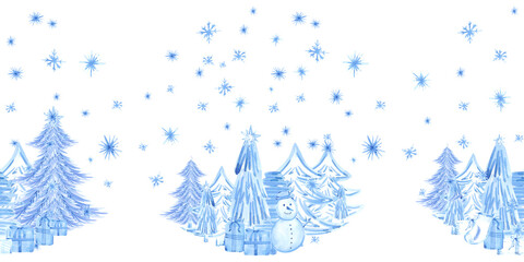Hand drawn watercolor blue monochrome winter snowy forest and snowman seamless frame border. Illustration isolated on white background. Can be used for postcard textile label and other printed product