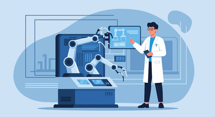Scientist conducting robotic arms laboratory testing for manufacturing advancement technology