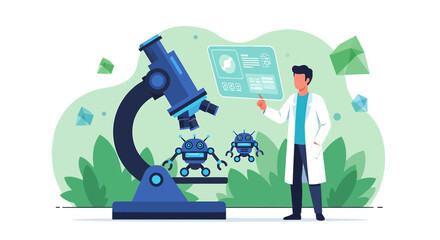 Scientist examining nanobots under a microscope, vector illustration futuristic healthcare
