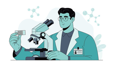 Scientist examining sample through microscope with molecule structure background illustration