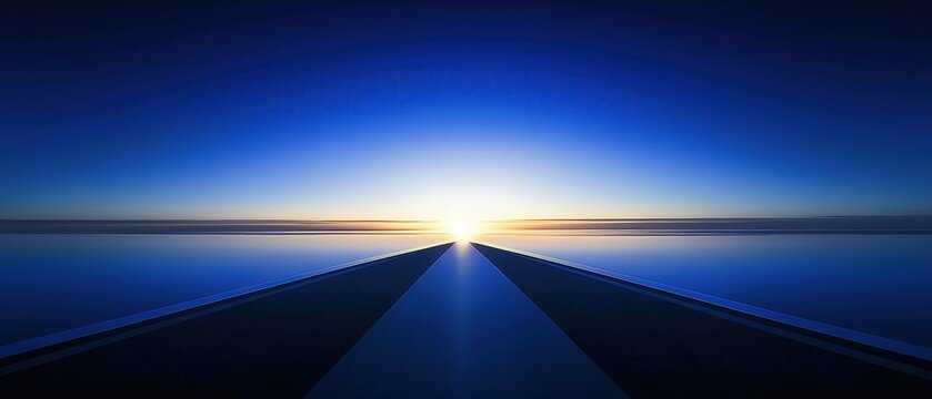 A straight road stretches into the distance under a calm blue sky with the sun rising, symbolizing progress and new beginnings on a gradient background
