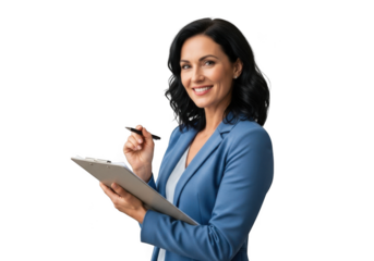 Professional woman in blue blazer smiling while holding a clipboard and pen against a solid black background