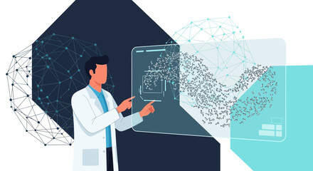 Scientist interacting with a holographic screen displaying complex molecule data research
