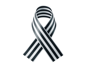 Black and white striped awareness or memorial ribbon, isolated for campaign, support, remembrance, or solidarity graphics. Transparent background, png.