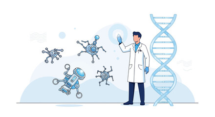 Scientist interacting with futuristic nanobots and a DNA strand in a laboratory setting