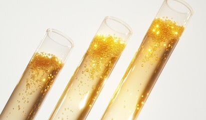 Three test tubes filled with golden champagne bubbles against a clean white background for celebration or scientific concepts