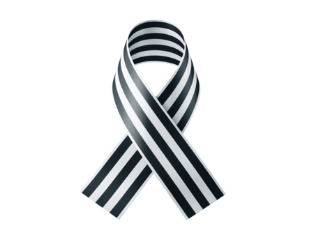 Black and white striped awareness or memorial ribbon, isolated for campaign, support, remembrance, or solidarity graphics. Transparent background, png.