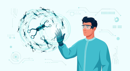 Scientist manipulating nanotechnology interface with advanced virtual control system