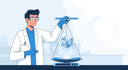 Scientist performing scientific weighing experiments in laboratory environment with molecule