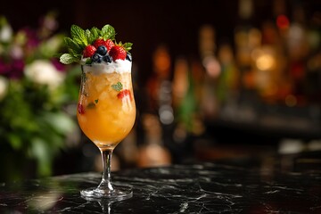 Orange cocktail with berries and mint in a glass on a dark marble surface drink beverage