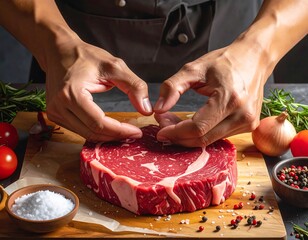 Close-up of a chef's hands shaping a heart over a raw, marbled ribeye steak on a wooden cutting board with spices