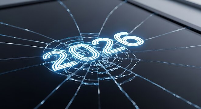 Illuminated 2026 display behind a shattered glass surface - Powered by Adobe