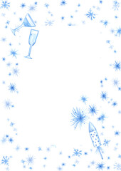 Hand drawn watercolor blue monochrome glasses fireworks and snowflakes postcard frame border. Illustration isolated on white background. Can be used for postcard, label and other printed products.