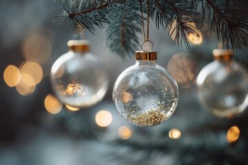 Elegant glass Christmas ornaments with golden glitter on pine branch