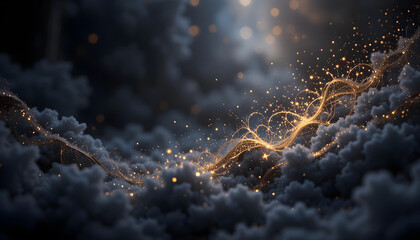 Dark background with black and golden gradients, sparkling glow, elegant festive abstraction