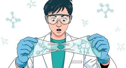 Scientist's discovery: Astonished researcher examining innovative material with molecular diagrams