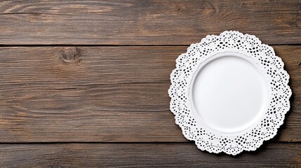 Elegant white lace doily resting on dark wooden tabletop with ample space for creative text or designs