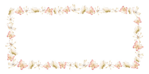 Cute Butterfly Dragonfly Insects Frame. Watercolor hand painted summer pastel neutral isolated illustration on white background for nursery kids baby shower card logo label whimsical mystery princess