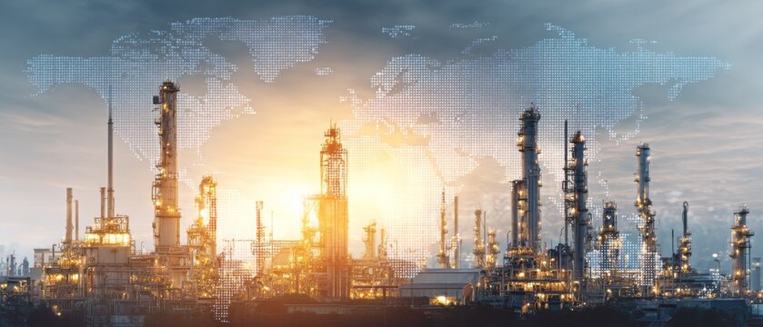 Global industrial refinery network at sunrise with world map overlay