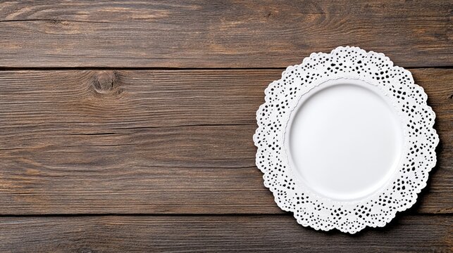 Elegant white lace doily resting on dark wooden tabletop with ample space for creative text or designs