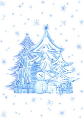 Hand drawn watercolor blue monochrome Christmas trees presents and snowman poster. Illustration isolated on white background. Can be used for postcard, poster and other printed products.