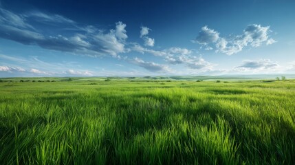 Vast green meadow under blue sky with fluffy clouds in summer