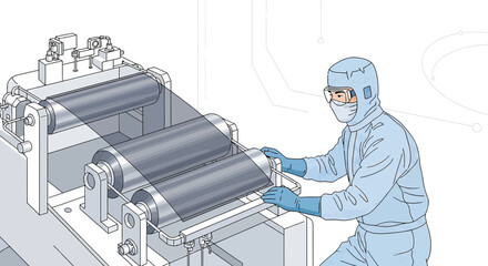 Sophisticated manufacturing environment featuring a professional in protective attire working with