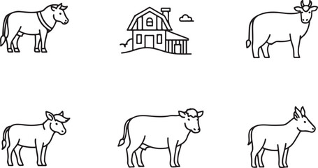 Farm animals and rural building outline icon set representing agricultural life