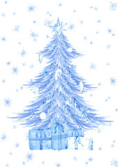 Hand drawn watercolor blue monochrome decorated Christmas tree and presents poster. Illustration isolated on white background. Can be used for postcard, poster and other printed products.