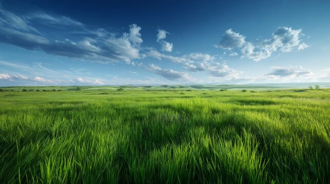 Vast green meadow under blue sky with fluffy clouds in summer