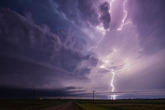 Lightning from a Tornado-Producing Supercell, view from the ground of the clouds in the sky. 