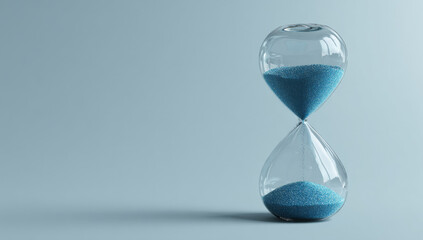 Hourglass measures time passing on light blue surface, symbolizing deadlines and the fleeting nature of life, creating a sense of urgency and reflection.