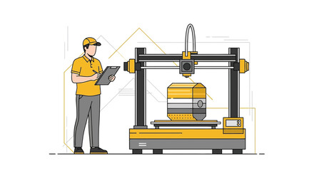 Technician overseeing 3D printing process in factory setting for industrial manufacturing