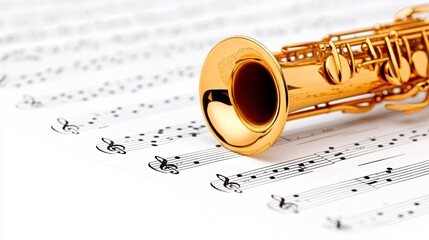 Fototapeta premium Golden saxophone resting elegantly on sheet music harmonizes with artistic creativity in a pristine white setting