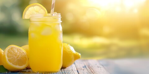 Refreshing lemonade served in mason jar with lemon slices in sunny outdoor setting