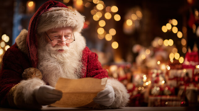 Santa Claus reading a handwritten letter surrounded by warm Christmas lights, capturing the magic of holiday traditions, gift wishes, festive emotions and the spirit of Christmas storytelling