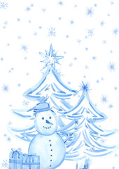 Hand drawn watercolor blue snowy Christmas trees presents and snowman poster composition. Illustration isolated on white background. Can be used for postcard, poster and other printed products.