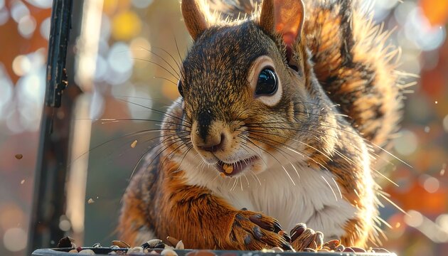 Close-up of a furry, brown squirrel eating nuts outdoors. Its large, dark eyes convey curiosity. Autumn foliage surrounds it