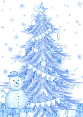 Hand drawn watercolor blue snowy Christmas trees presents and snowman poster composition. Illustration isolated on white background. Can be used for postcard, poster and other printed products.