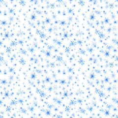 Hand drawn watercolor blue little snowflakes seamless pattern. Illustration isolated on white background. Can be used for textile wrapping fabric and other printed products.