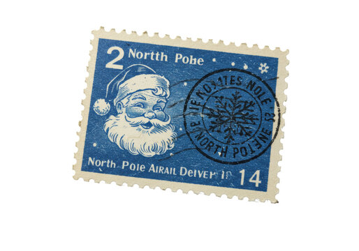 distressed, indigo vintage postal stamp with a stylized smiling santa claus portrait and black snowflake postmark, extreme macro close-up showcasing aged texture, concept of holiday nostalgia and
