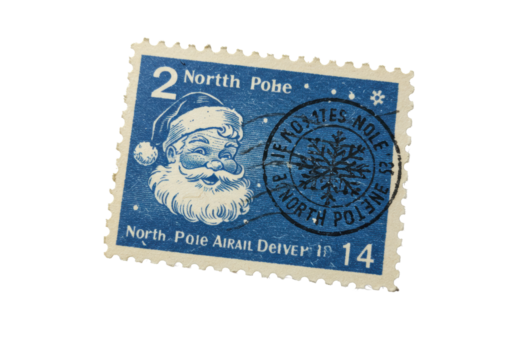 distressed, indigo vintage postal stamp with a stylized smiling santa claus portrait and black snowflake postmark, extreme macro close-up showcasing aged texture, concept of holiday nostalgia and
