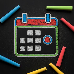 Hand-Drawn Colorful Chalk Calendar Icon on Black Grunge Blackboard with Chalk Sticks, Scheduling and Time Management Symbol: Vector Sketch of Date Planner, symbolizing scheduling, time management.