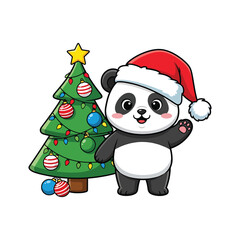 Cute panda wearing santa hat with christmas tree 