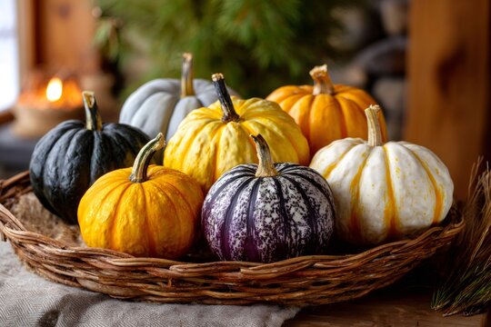 Colorful pumpkins decorating wicker basket celebrating autumn harvest - Powered by Adobe