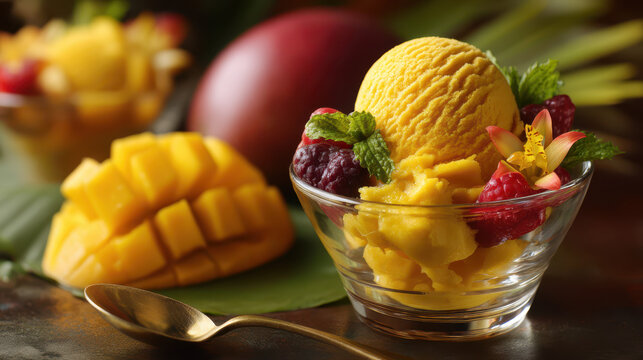 Colorful mango sorbet topped with fresh mint leaves and served with various fruits in an elegant glass bowl - Powered by Adobe